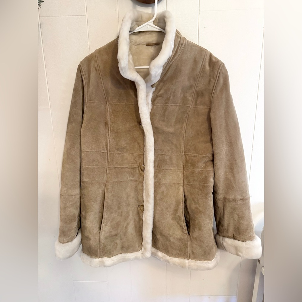 Vintage 90s Gallery Tan Leather Suede Shearling Faux Fur Jacket Coat size M - Picture 2 of 9